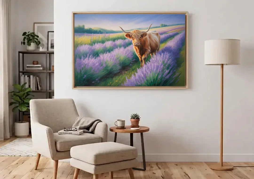 Highland Cow in Lavender Field canvas wall art above an armchair in a bright living room