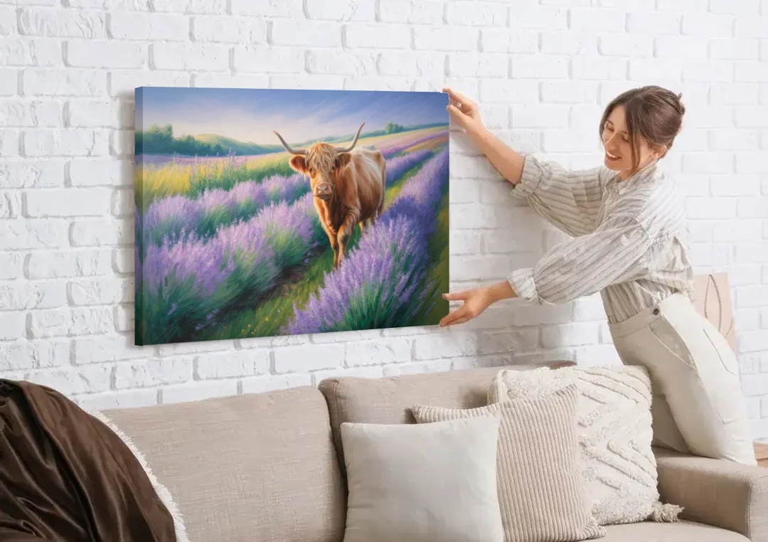Highland Cow in Lavender Field canvas wall art being hung on a white brick wall above a sofa