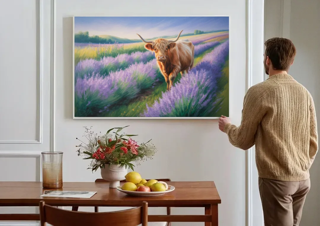Highland Cow in Lavender Field canvas wall art above a dining table