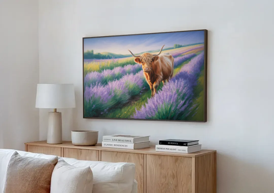 Highland Cow in Lavender Field canvas wall art above a wooden sideboard next to a sofa