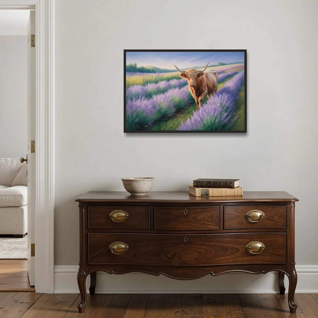 Highland Cow in Lavender Field - Black Framed Canvas Wall Art - Coffee Table - 36x24