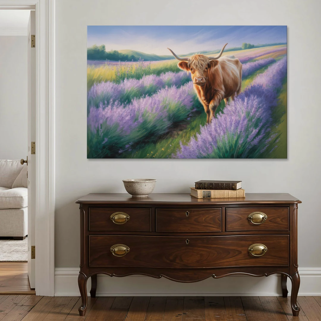 Highland Cow in Lavender Field - Canvas Wall Art - Coffee Table - 60x40