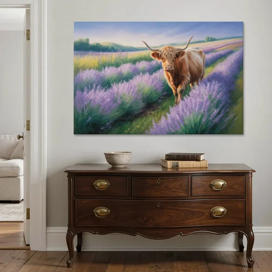 Highland Cow in Lavender Field - Canvas Wall Art - Coffee Table - 60x40