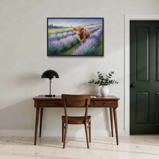 Highland Cow in Lavender Field - Black Framed Canvas Wall Art - Office - 36x24