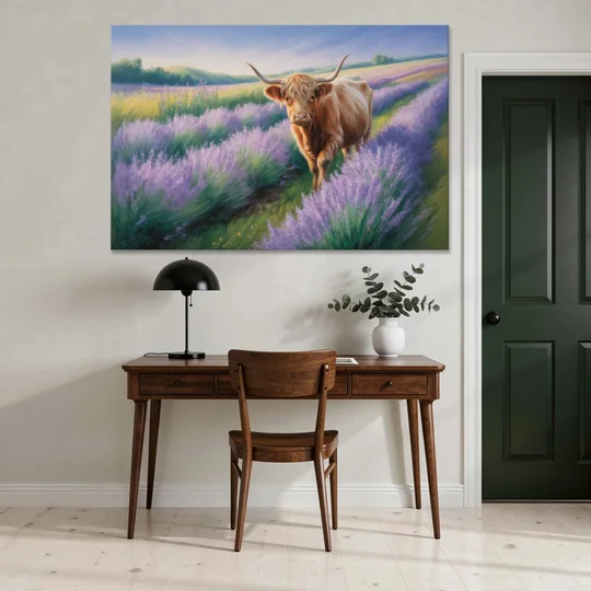 Highland Cow in Lavender Field - Canvas Wall Art - Office - 60x40