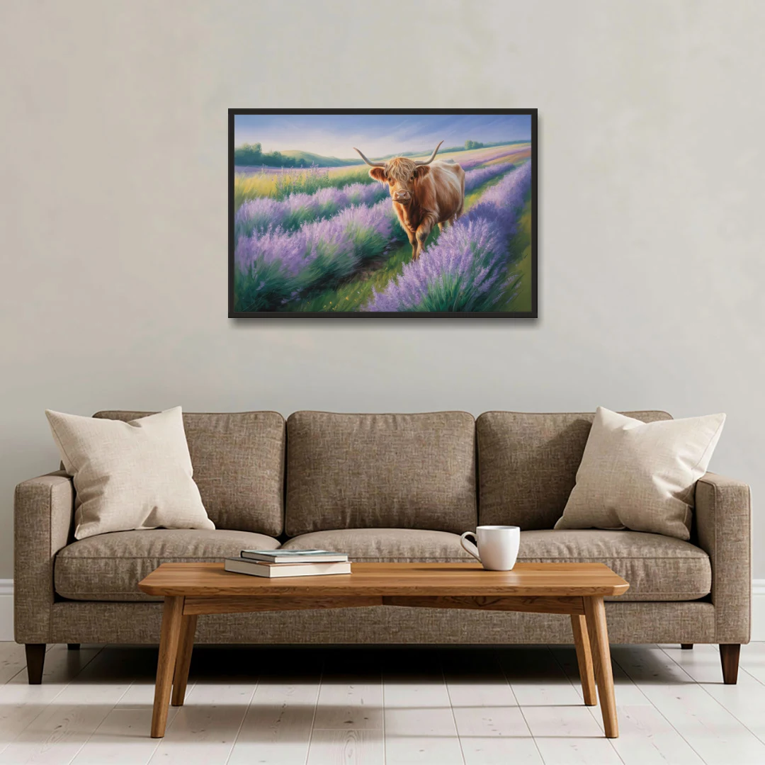 Highland Cow in Lavender Field - Black Framed Canvas Wall Art - Sofa - 36x24