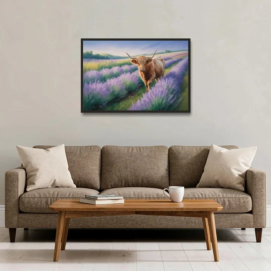 Highland Cow in Lavender Field - Black Framed Canvas Wall Art - Sofa - 36x24