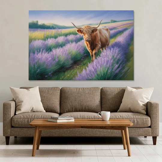 Highland Cow in Lavender Field - Canvas Wall Art - Sofa - 60x40