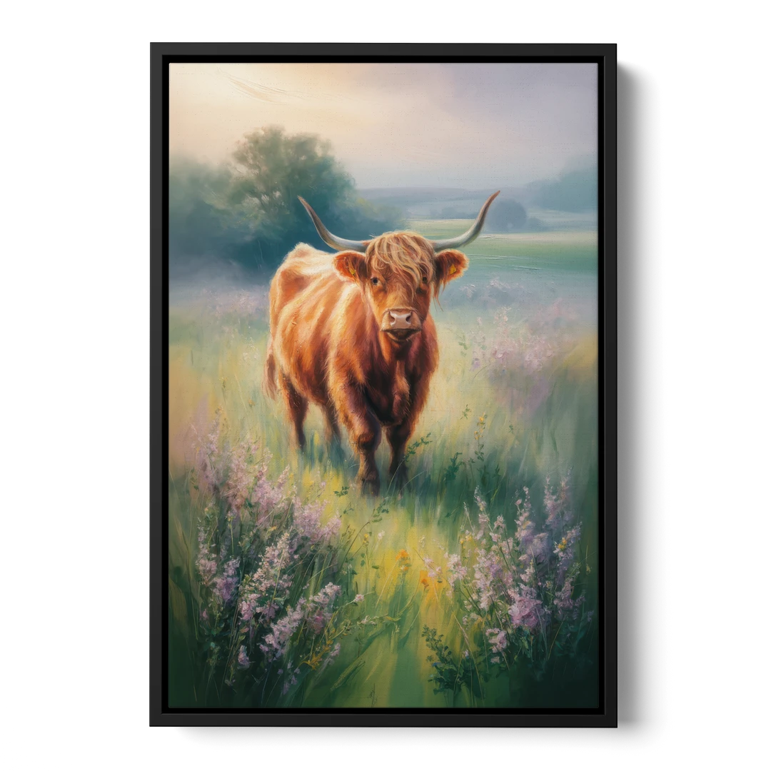 Highland Cow in Mist - Black Framed Canvas Wall Art - Front