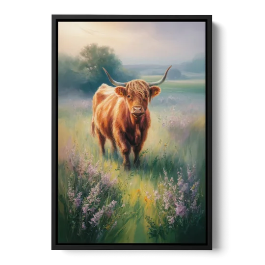 Highland Cow in Mist - Black Framed Canvas Wall Art - Front