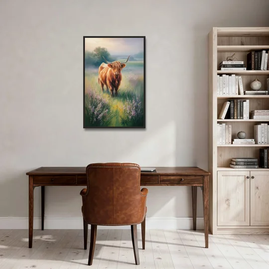Highland Cow in Mist - Black Framed Canvas Wall Art - Office - 24x36