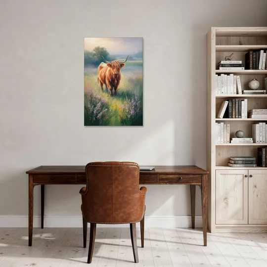 Highland Cow in Mist - Canvas Wall Art - Office - 24x36