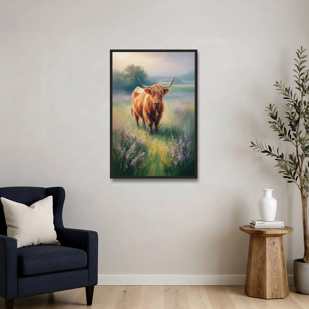 Highland Cow in Mist - Black Framed Canvas Wall Art - Sofa - 24x36