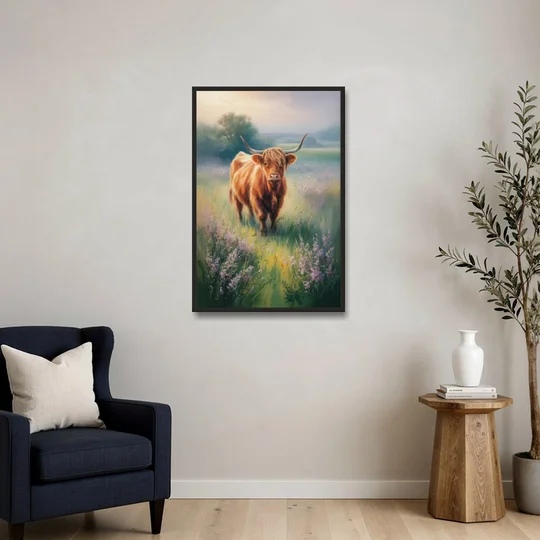 Highland Cow in Mist - Black Framed Canvas Wall Art - Sofa - 24x36