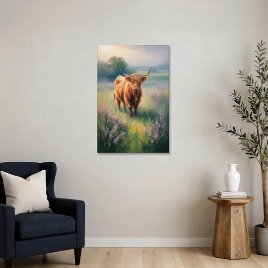 Highland Cow in Mist - Canvas Wall Art - Sofa - 24x36