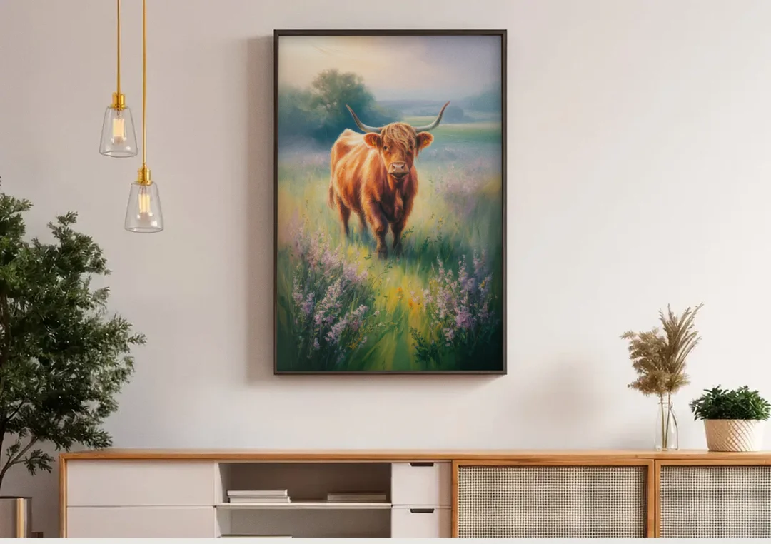 Highland Cow in Mist canvas wall art above a wooden sideboard under pendant lights