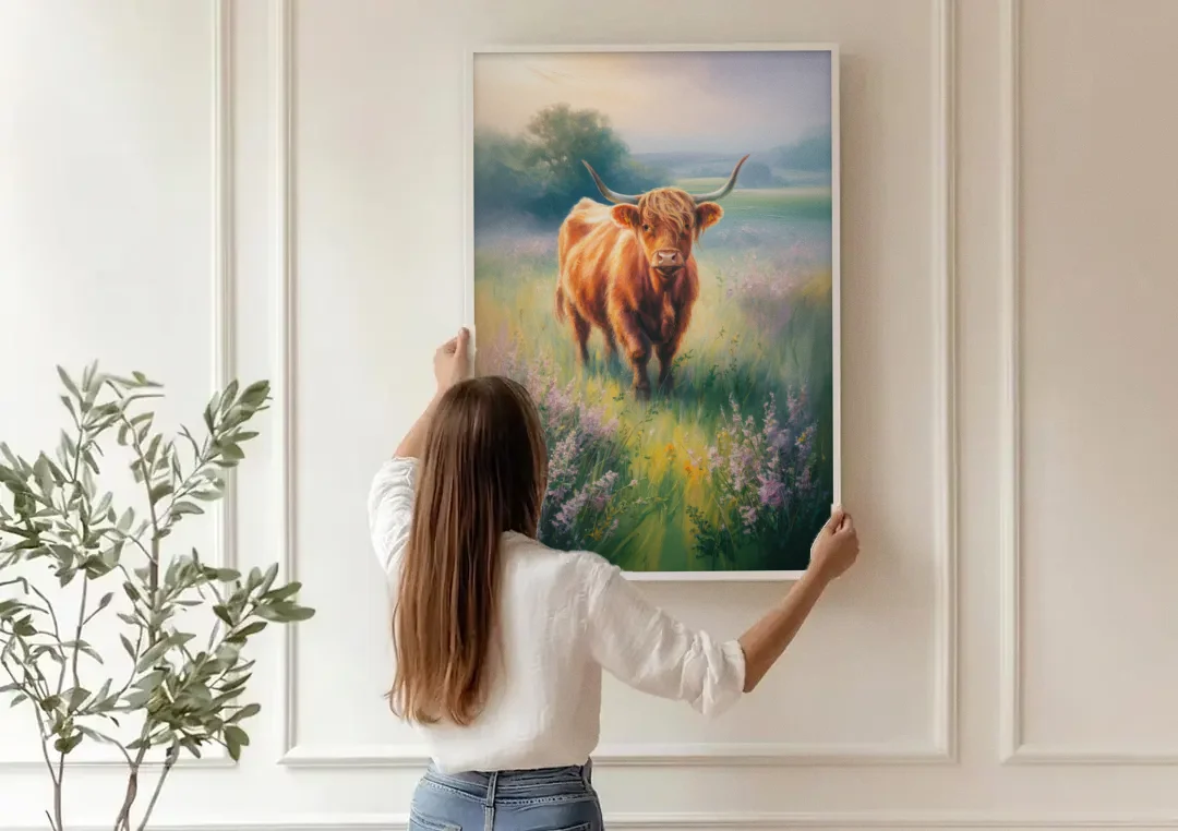 Highland Cow in Mist canvas wall art being hung on a paneled wall