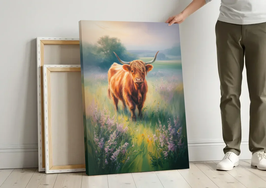 Highland Cow in Mist canvas wall art leaning against a wall next to blank canvases