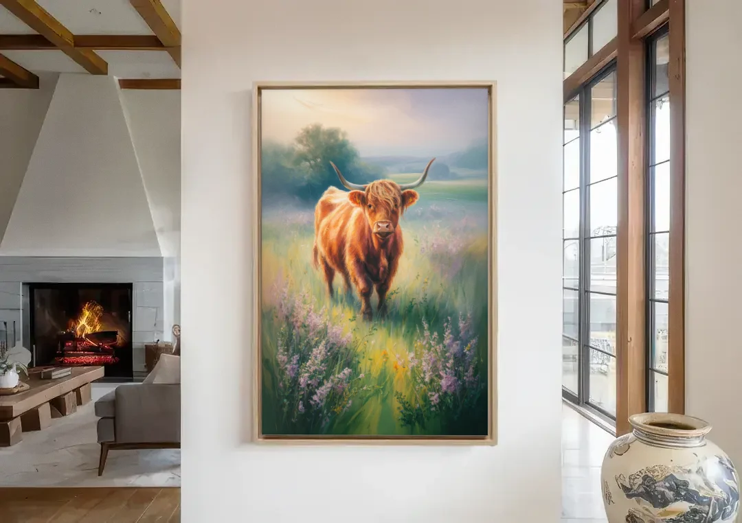 Highland Cow in Mist canvas wall art in a living room with a fireplace
