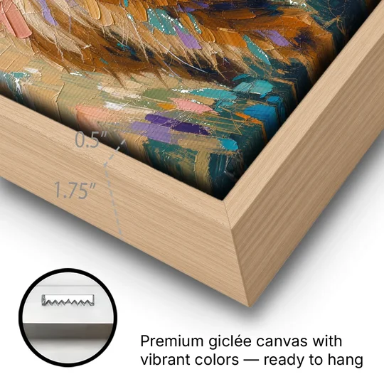Highland Cow Painting Canvas in Pastel Pasture - Oak Framed Canvas Wall Art - Gallery Wrap Corner