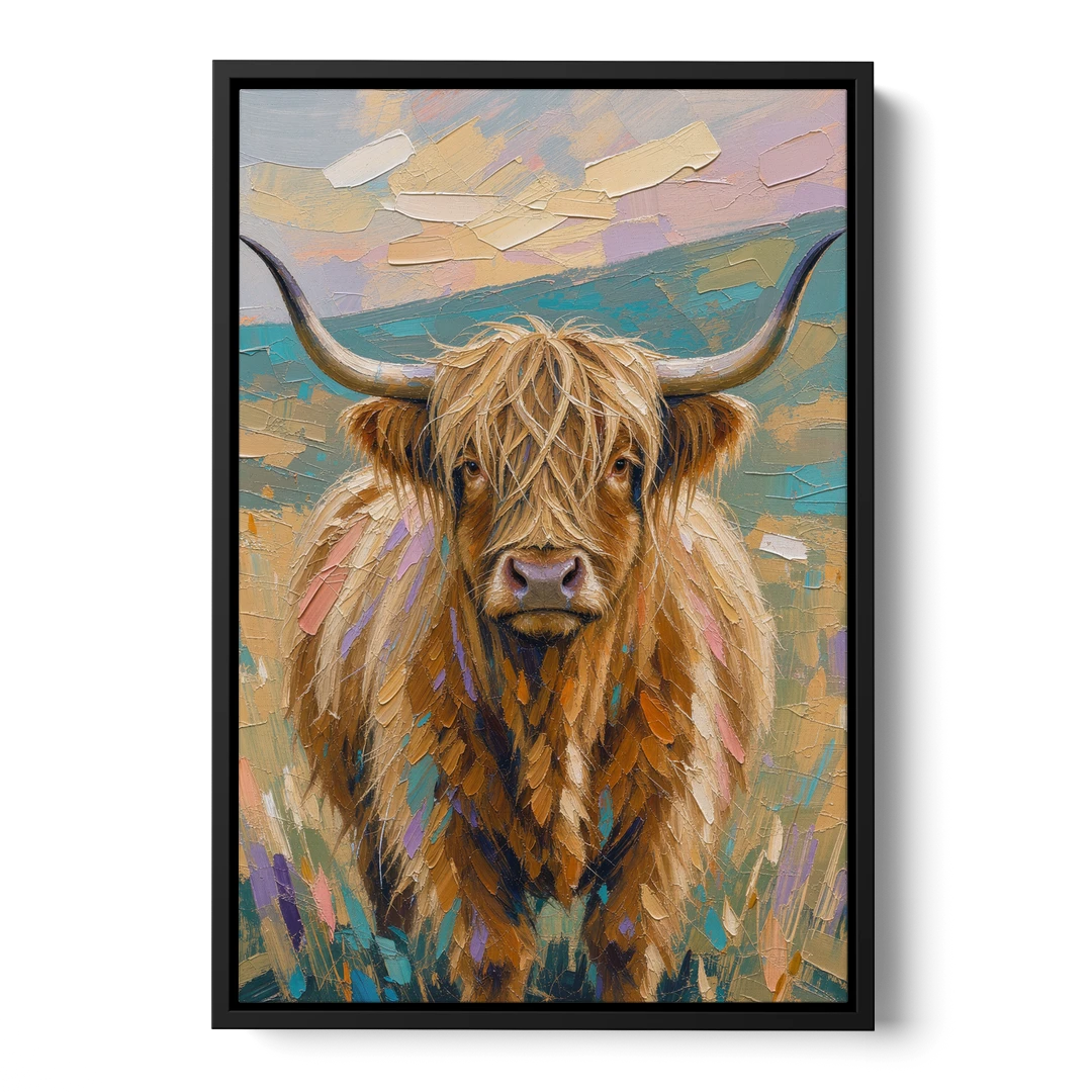 Highland Cow Painting Canvas in Pastel Pasture - Black Framed Canvas Wall Art - Front