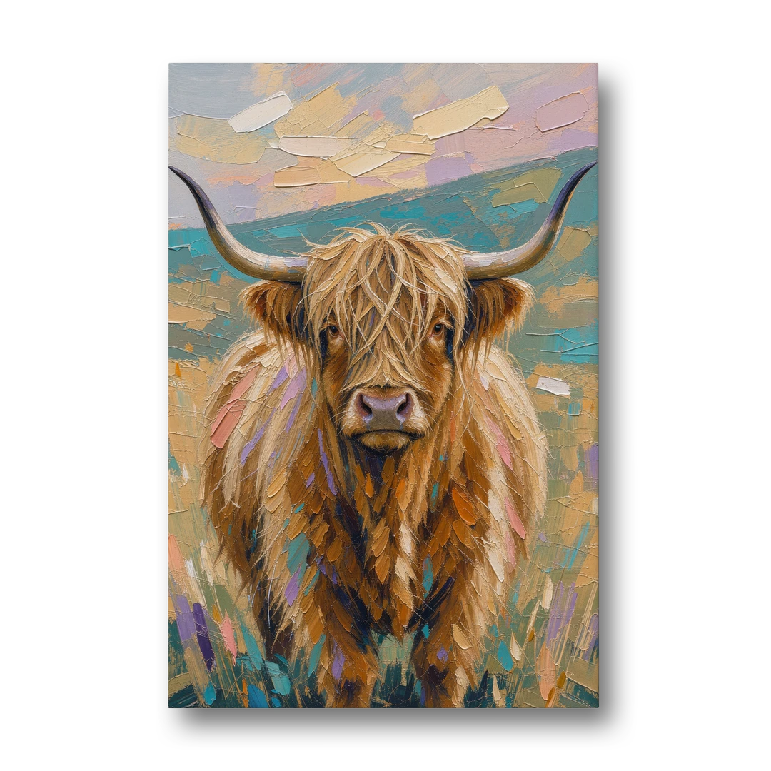 Highland Cow Painting Canvas in Pastel Pasture - Canvas Wall Art - Front