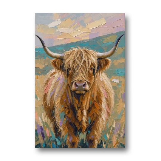 Highland Cow Painting Canvas in Pastel Pasture - Canvas Wall Art - Front