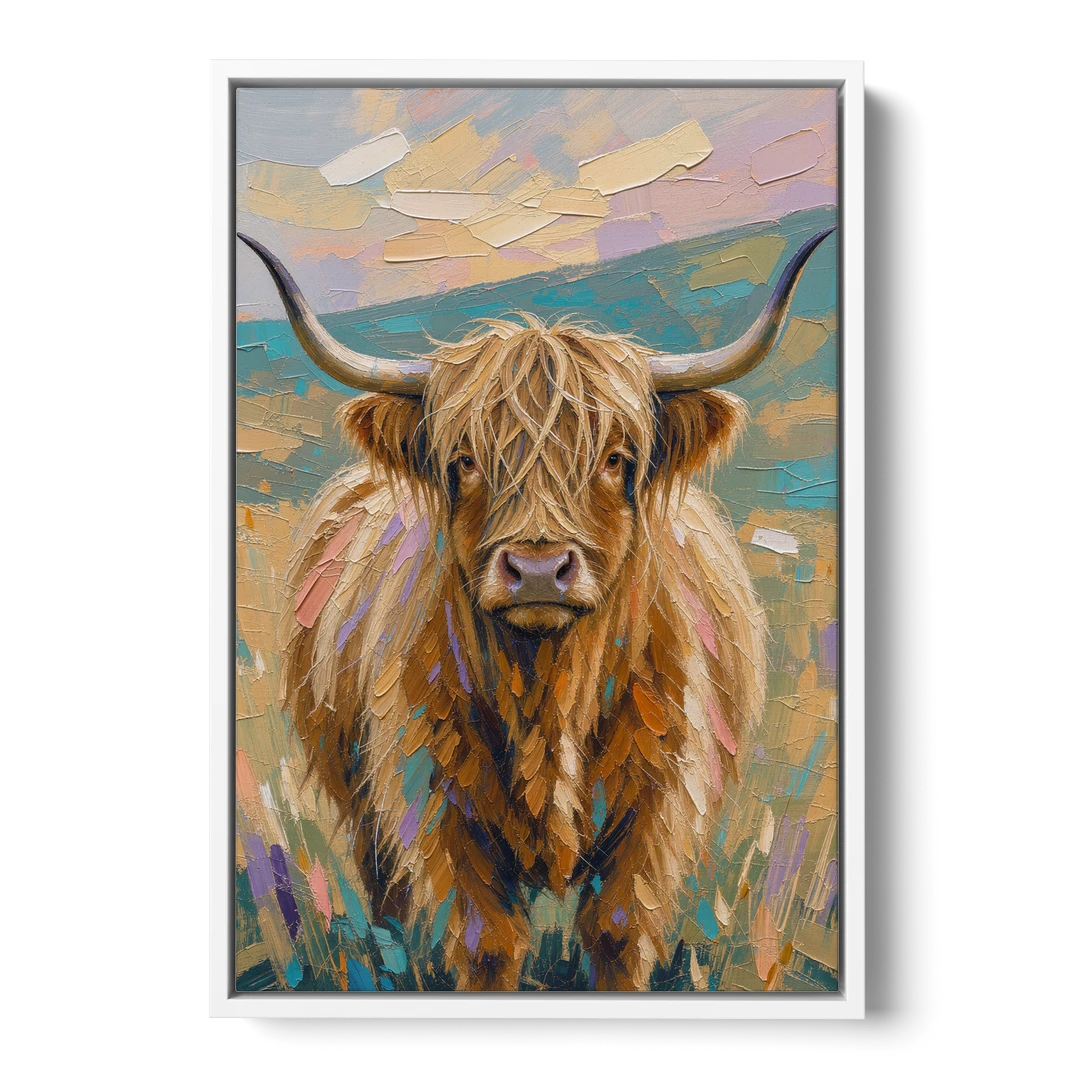 Highland Cow Painting Canvas in Pastel Pasture - White Framed Canvas Wall Art - Front