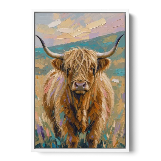 Highland Cow Painting Canvas in Pastel Pasture - White Framed Canvas Wall Art - Front