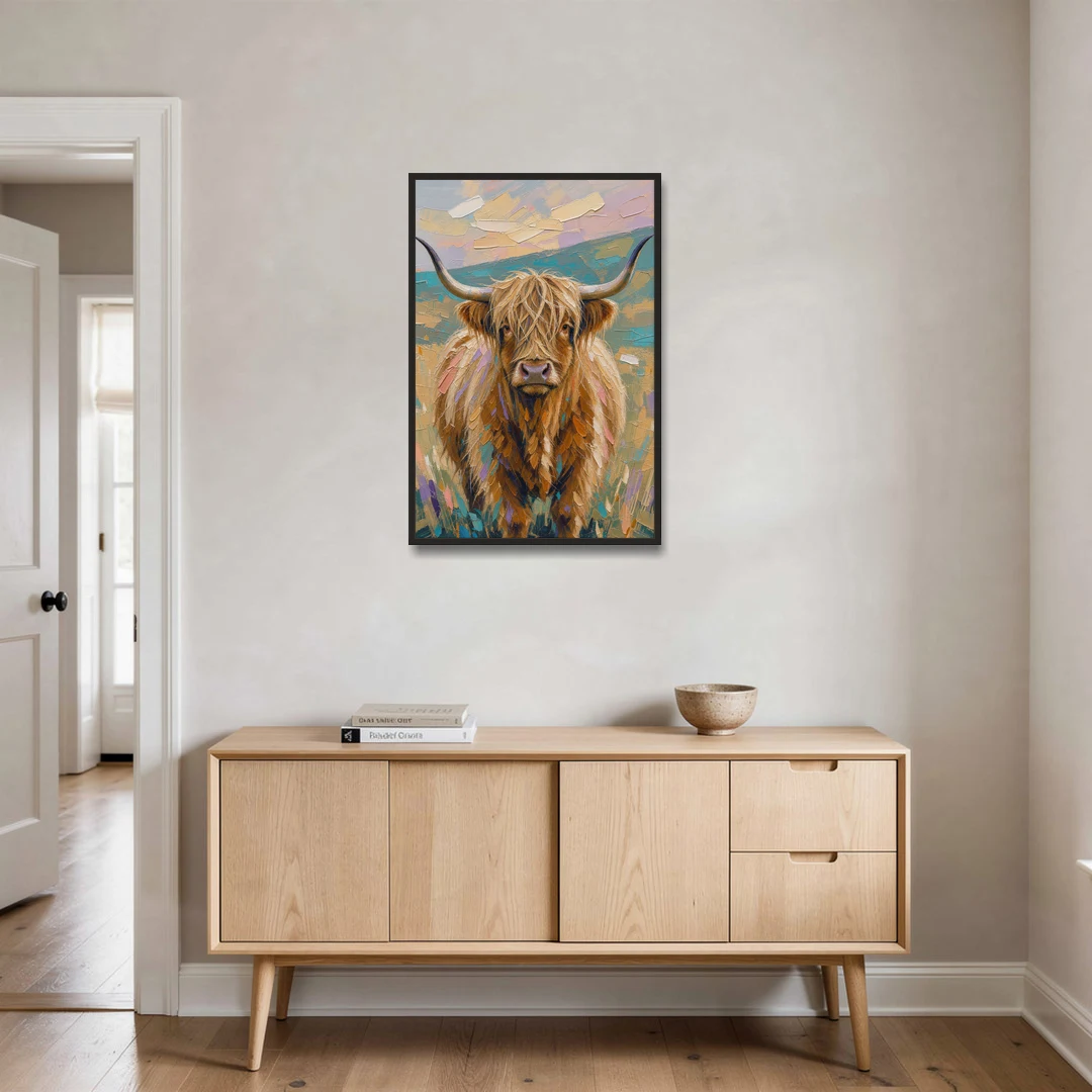 Highland Cow Painting Canvas in Pastel Pasture - Black Framed Canvas Wall Art - Coffee Table - 24x36