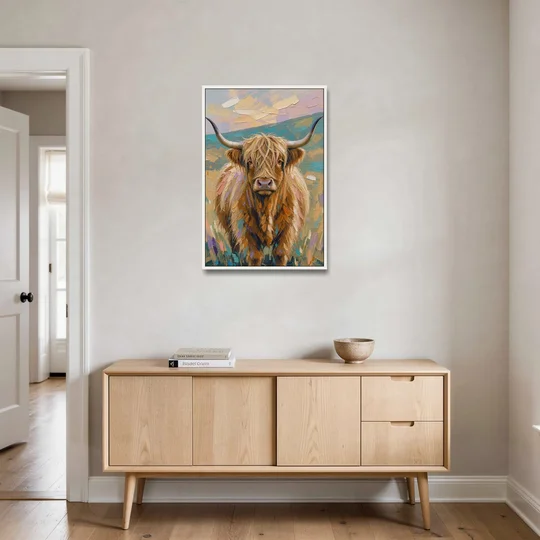 Highland Cow Painting Canvas in Pastel Pasture - White Framed Canvas Wall Art - Coffee Table - 24x36