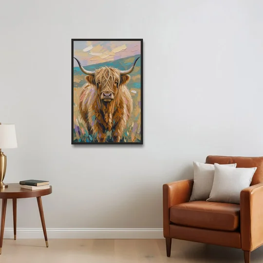 Highland Cow Painting Canvas in Pastel Pasture - Black Framed Canvas Wall Art - Sofa - 24x36