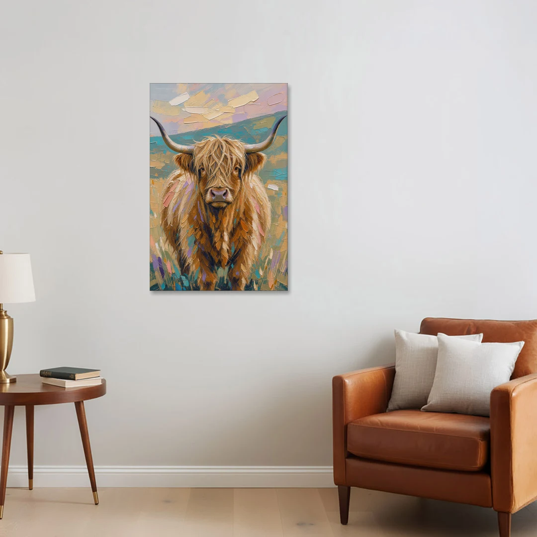 Highland Cow Painting Canvas in Pastel Pasture - Canvas Wall Art - Sofa - 24x36