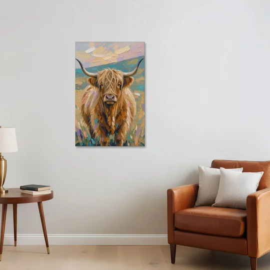 Highland Cow Painting Canvas in Pastel Pasture - Canvas Wall Art - Sofa - 24x36