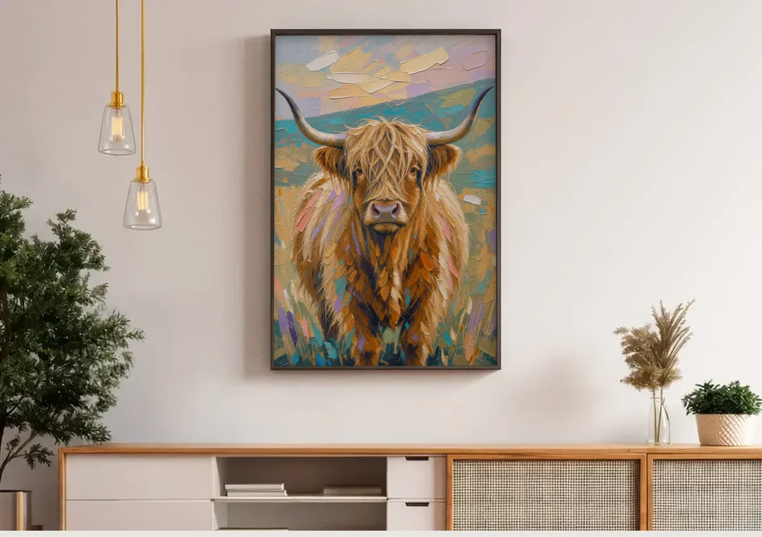 Highland Cow Painting Canvas in Pastel Pasture canvas wall art above a wooden sideboard under pendant lights