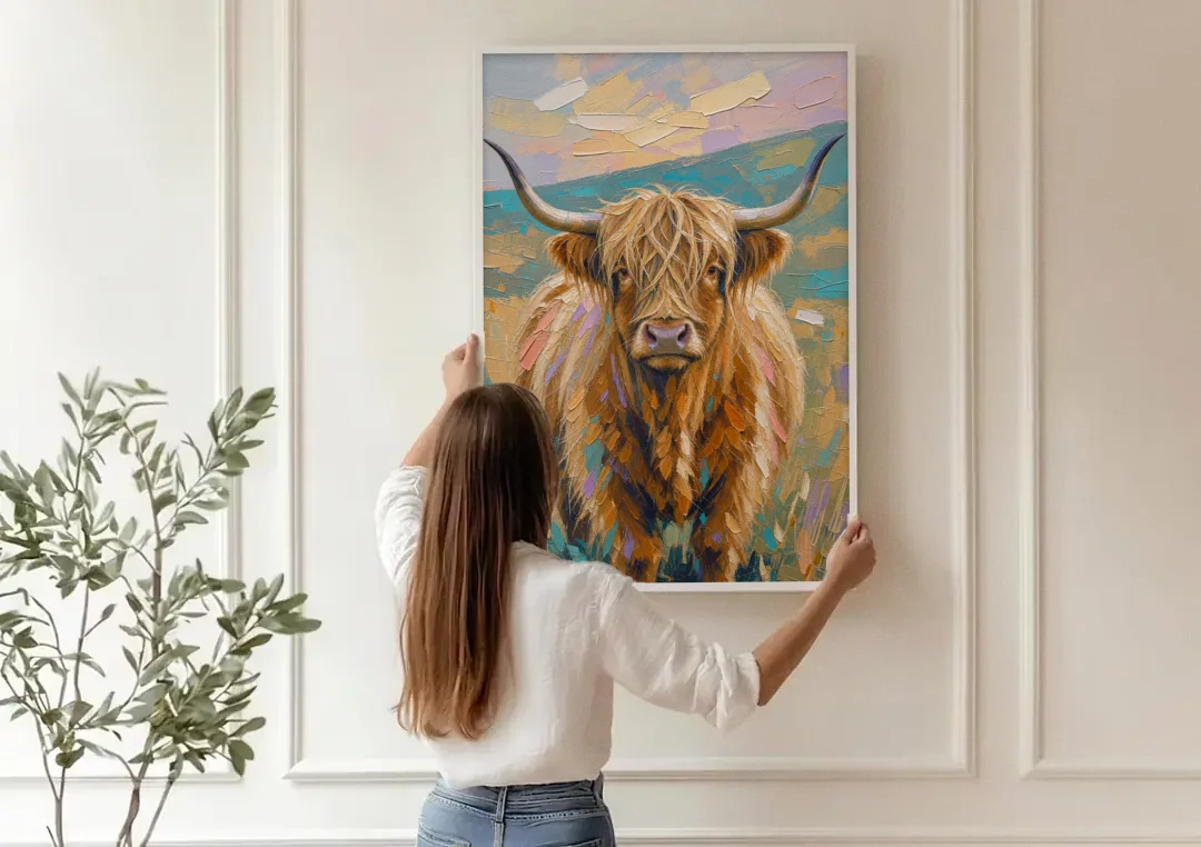 Highland Cow Painting Canvas in Pastel Pasture canvas wall art being hung on a paneled wall