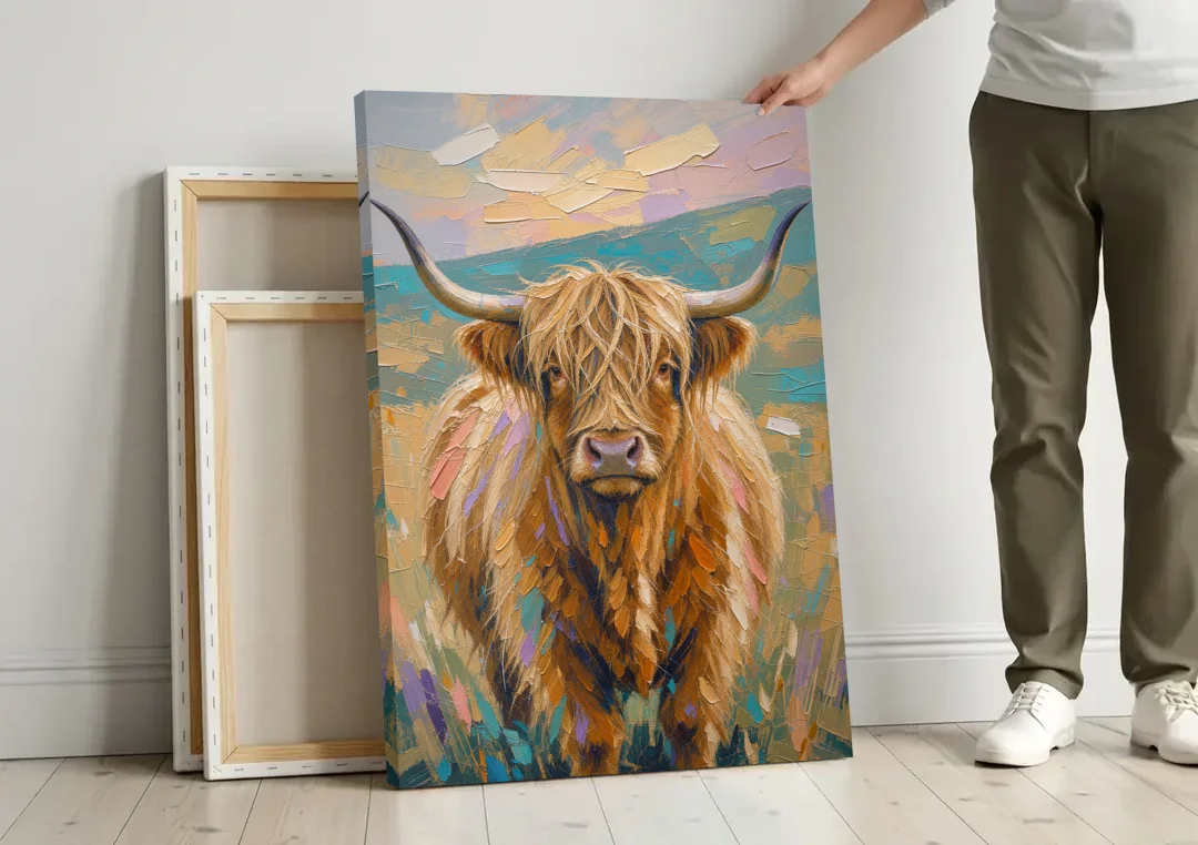 Highland Cow Painting Canvas in Pastel Pasture canvas wall art leaning against a wall next to blank canvases