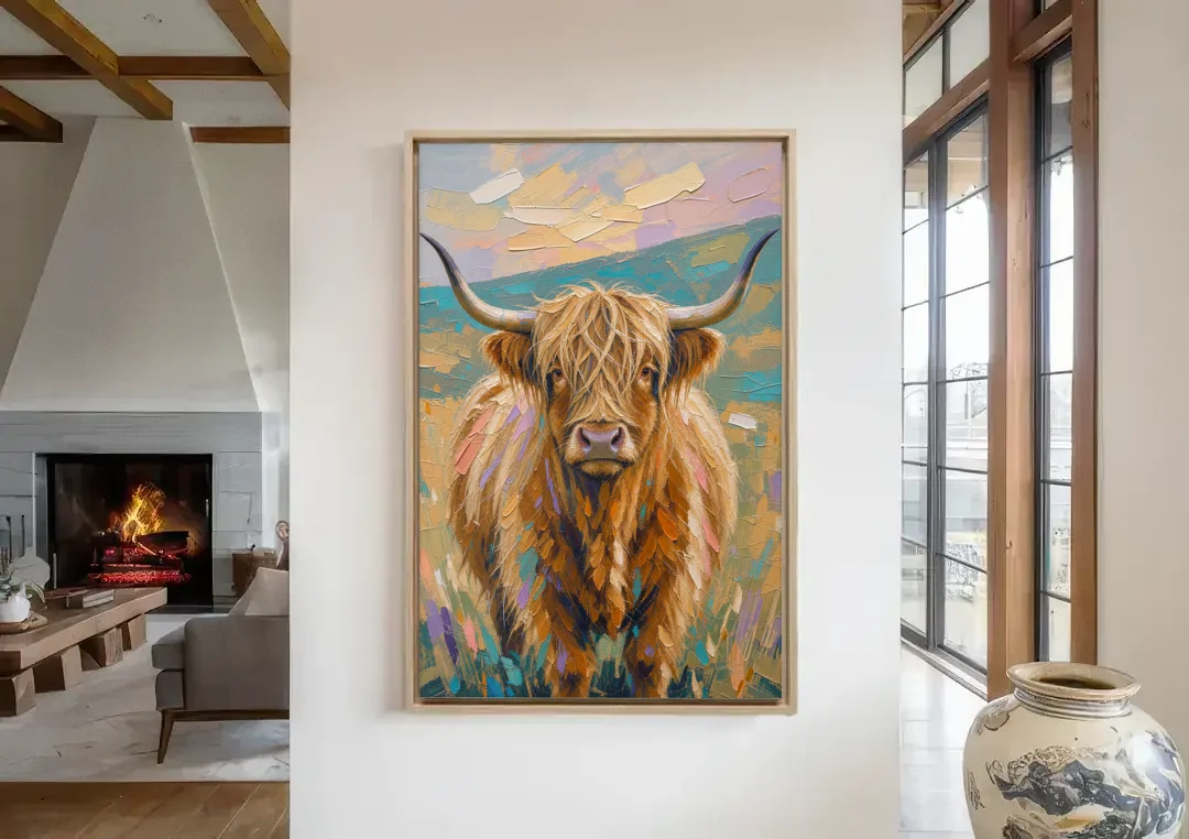 Highland Cow Painting Canvas in Pastel Pasture canvas wall art in a living room with a fireplace