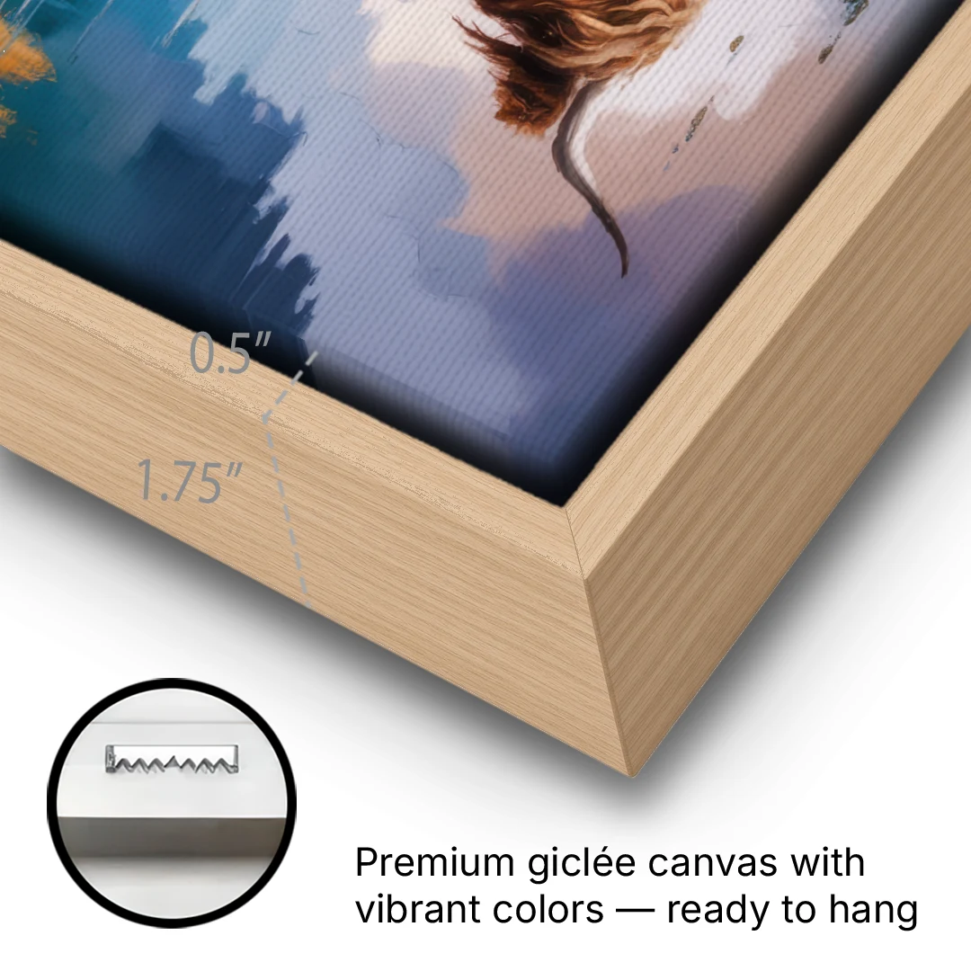 Highland Cow Reflections - Oak Framed Canvas Wall Art - Gallery Wrap Corner