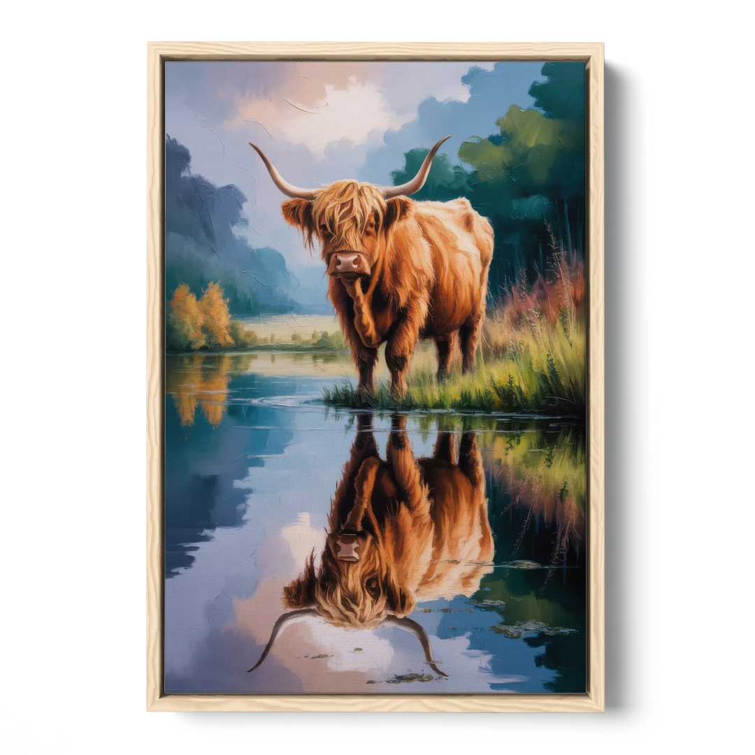 Highland Cow Reflections - Oak Framed Canvas Wall Art - Front