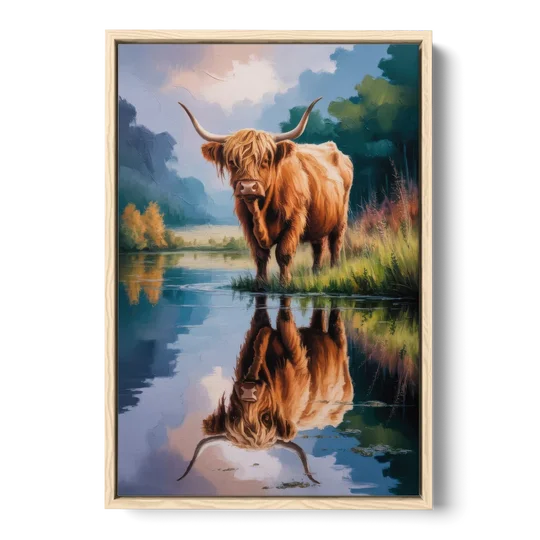 Highland Cow Reflections - Oak Framed Canvas Wall Art - Front