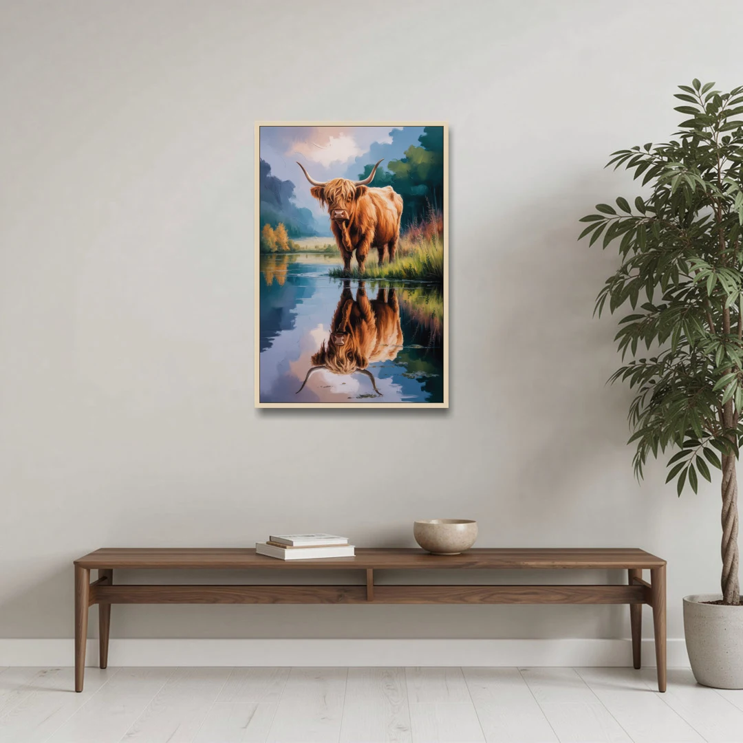Highland Cow Reflections - Oak Framed Canvas Wall Art - Coffee Table - 24x36