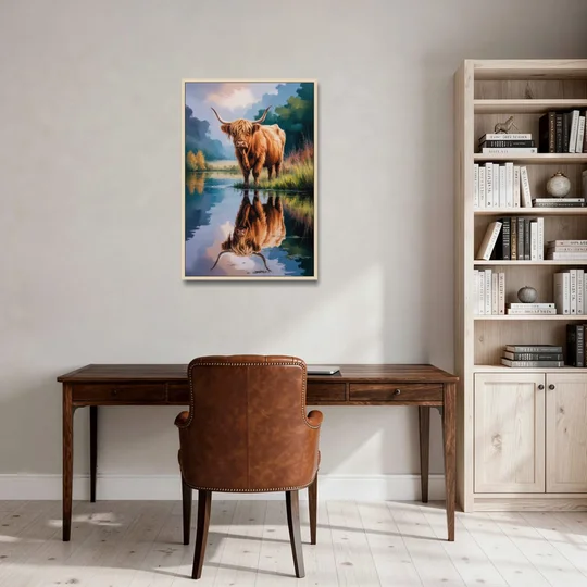 Highland Cow Reflections - Oak Framed Canvas Wall Art - Office - 24x36