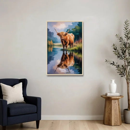 Highland Cow Reflections - Oak Framed Canvas Wall Art - Sofa - 24x36