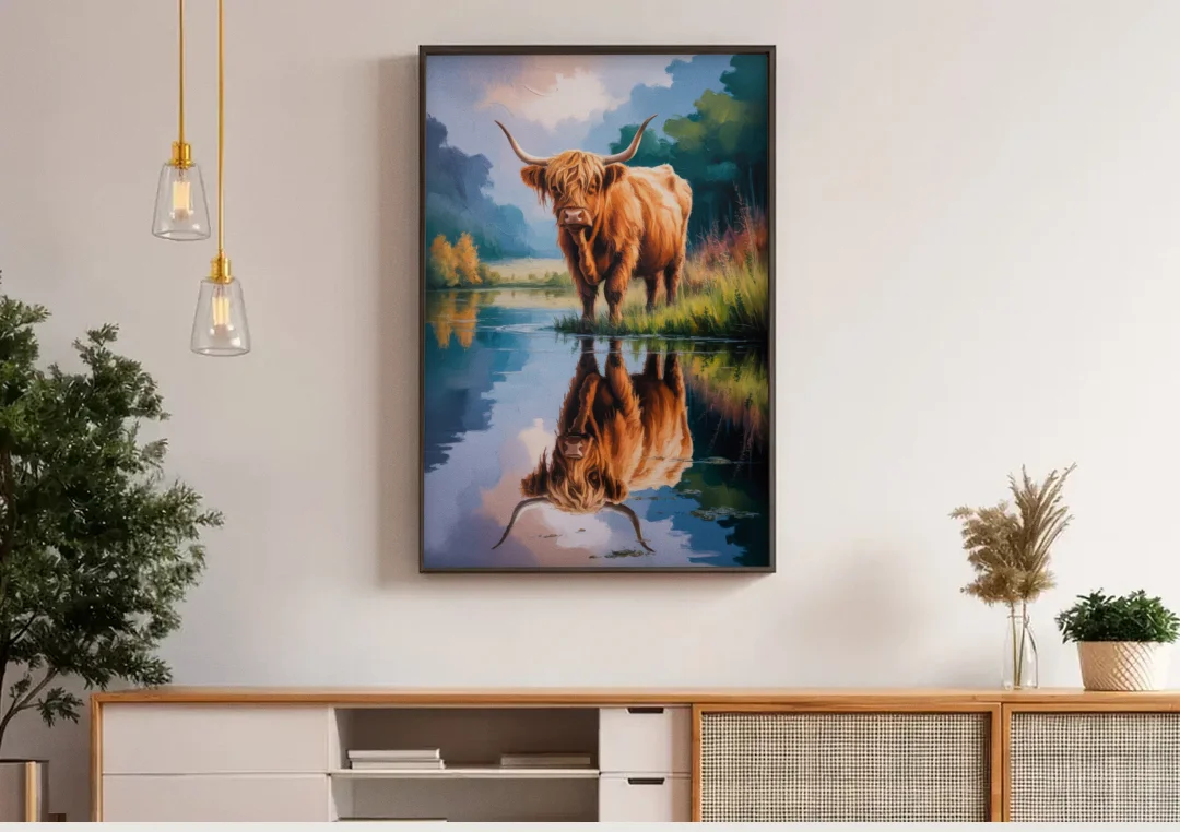 Highland Cow Reflections canvas wall art above a wooden sideboard under pendant lights