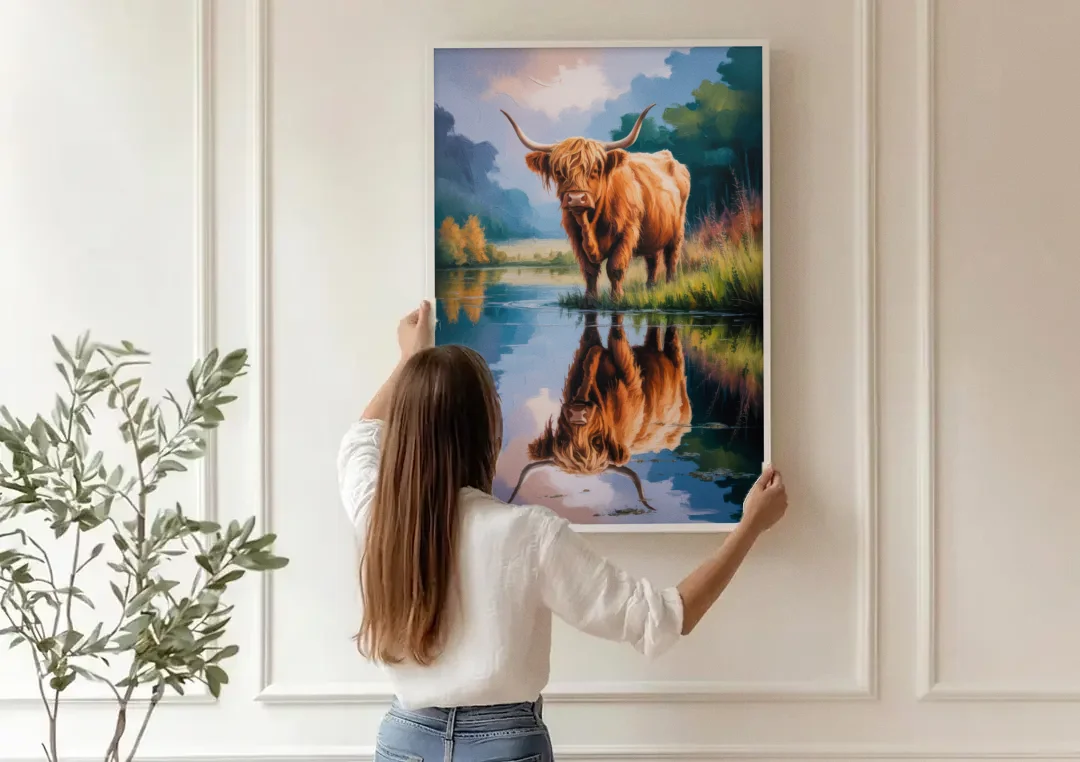 Highland Cow Reflections canvas wall art being hung on a paneled wall