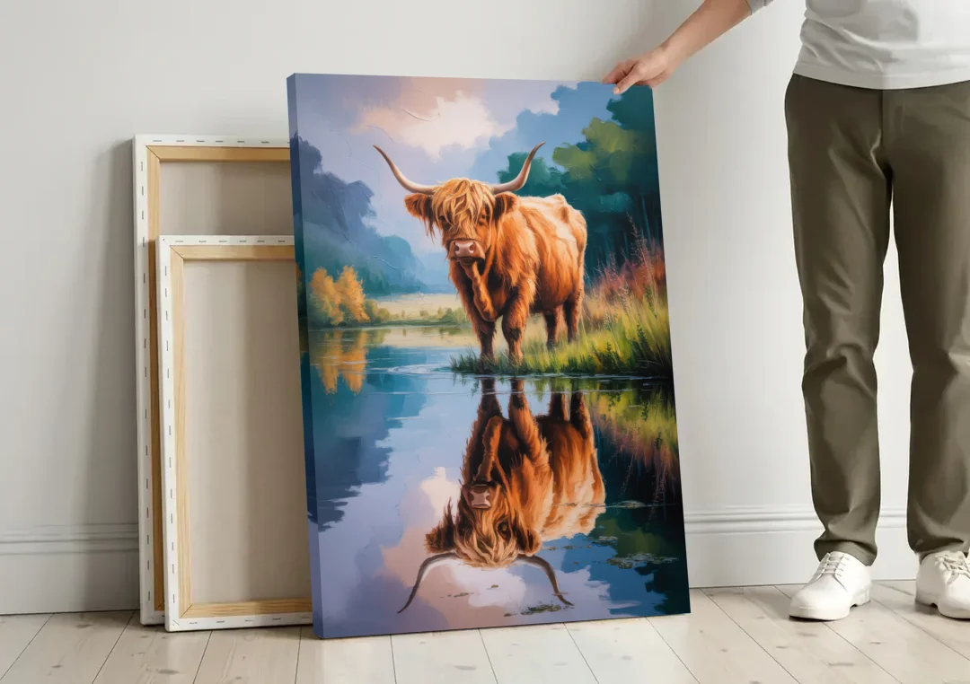 Highland Cow Reflections canvas wall art leaning against a wall next to blank canvases