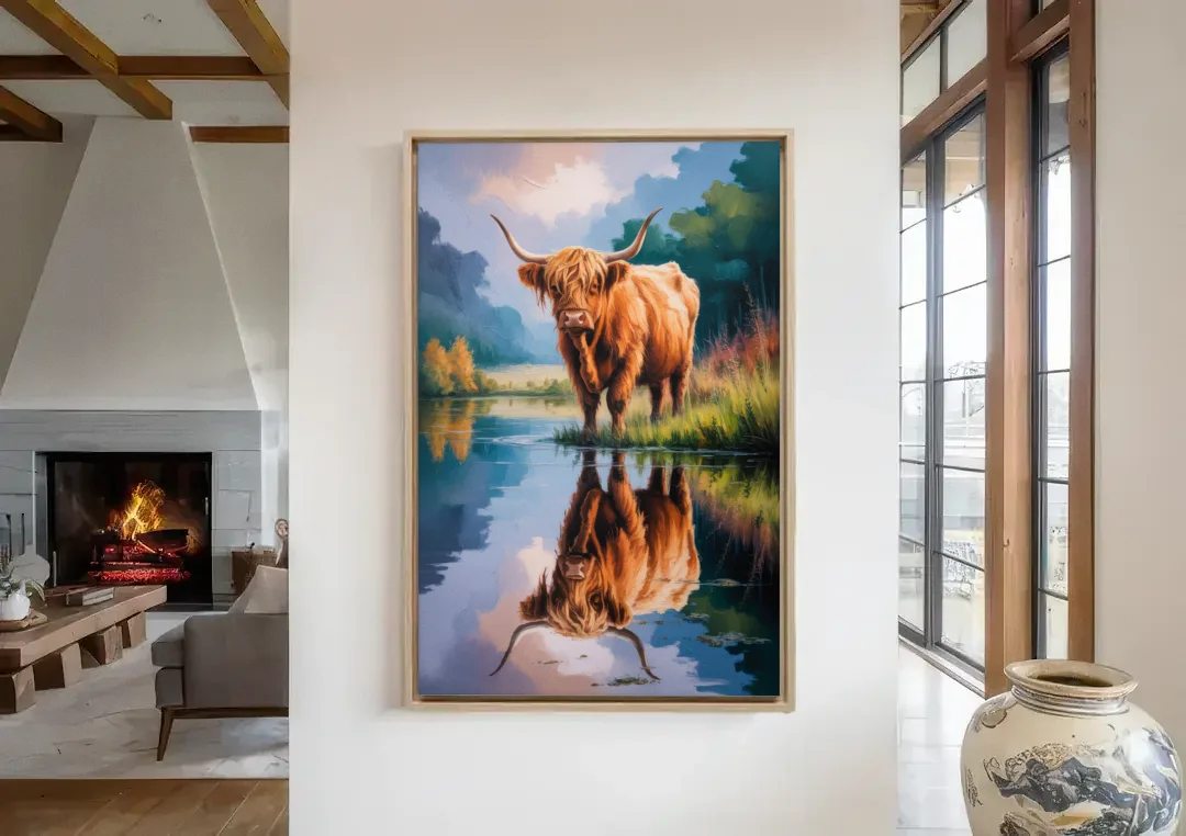 Highland Cow Reflections canvas wall art in a living room with a fireplace