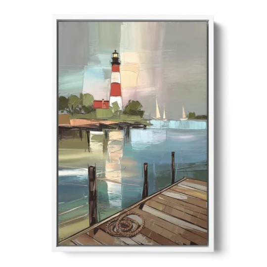 Hilton Head Island Coastal Lighthouse - White Framed Canvas Wall Art - Front
