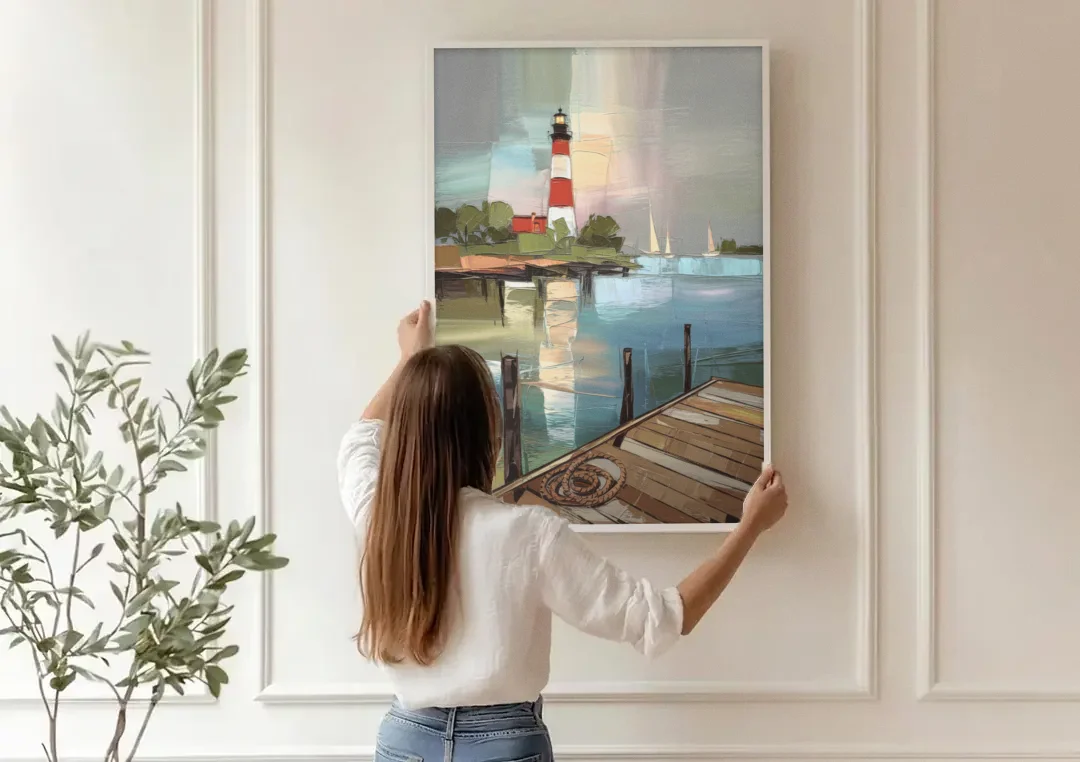 Hilton Head Island Coastal Lighthouse canvas wall art being hung on a paneled wall